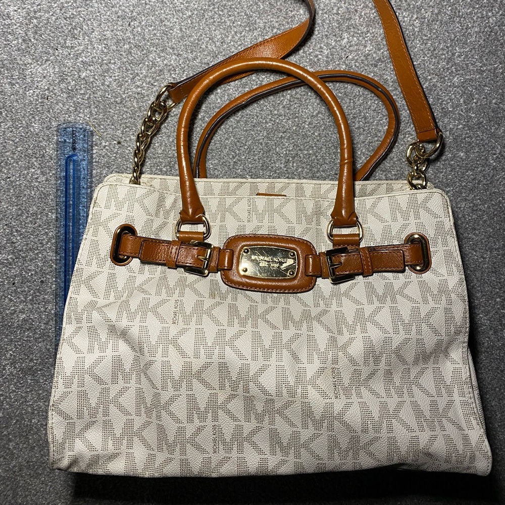 Michael kors White and brown with MK letters purse